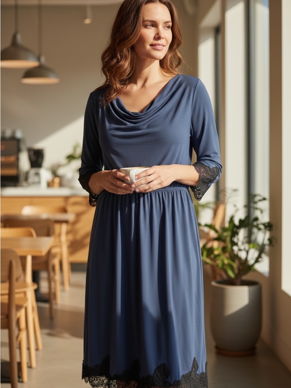 Soma Blue Cowl Neck Lace-Trim Midi Dress